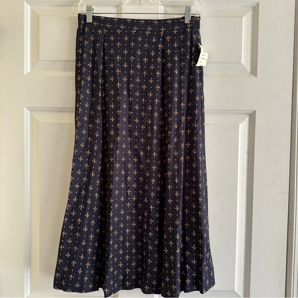 Alain Gerard‎ Vintage 80s Navy Midi Skirt fleur-de-lis print Equestrian Size 6